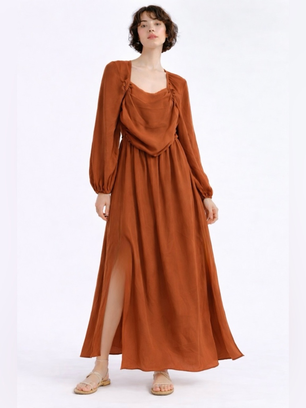 Women’s Rust Maxi Dress Size L Side Slit Long Sleeve Draped Boho Flowy Elegant